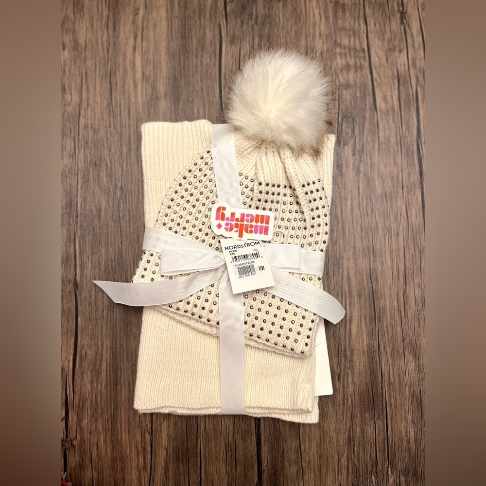 Nordstrom Studded Pom Pom Beanie and Knit Scarf Set NWT